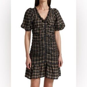Ganni Ruched Seersucker Mini Dress Plaid Tan Black beige puff sleeves neutral